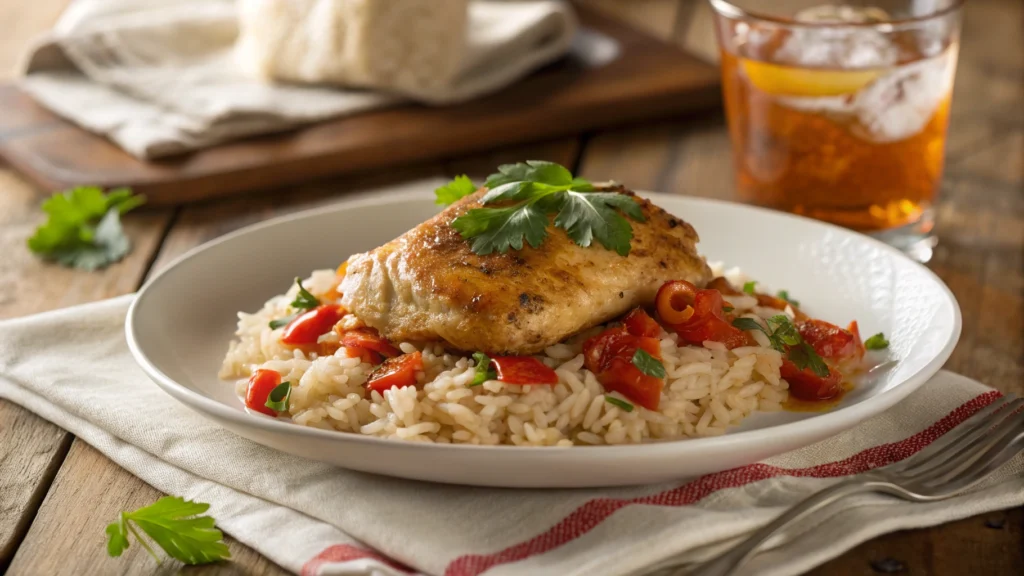 Close-up of a plated serving of baked chicken with rice and pimentos, garnished with cilantro and paired with iced tea.