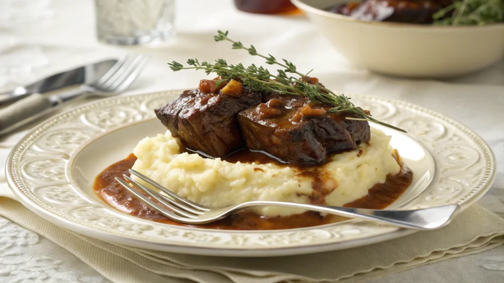 Plated beef short ribs with oxtail seasoning, paired with mashed potatoes and drizzled with rich sauce, garnished with thyme.