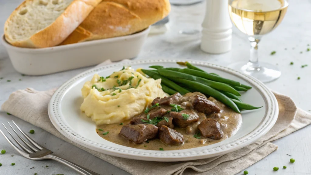 A plated serving of beef kidney in creamy Dijon sauce with mashed potatoes, green beans, and French bread.