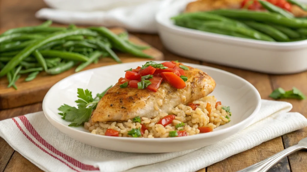 A serving of old-fashioned baked chicken with rice and pimentos on a white plate, paired with steamed green beans and garnished with parsley.