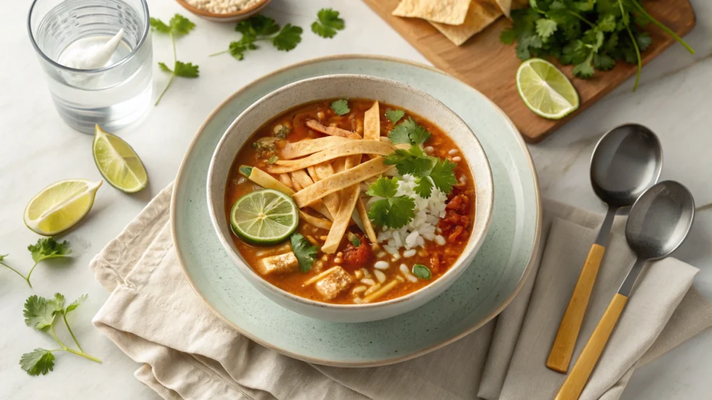 Bowl of spicy chicken soup with rice, garnished with lime, cilantro, and tortilla strips on a dining table.