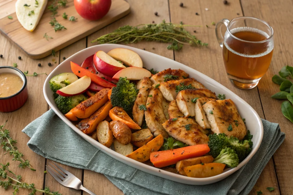 3Serving Glazed Chicken Tenders with Apples and Vegetables