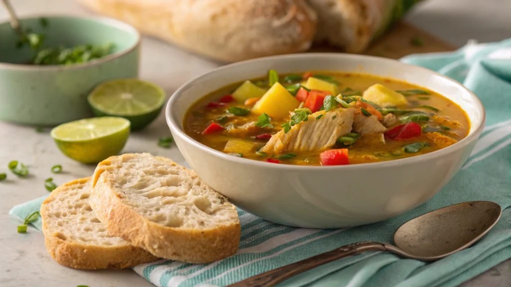 A bowl of Jamaican chicken soup served with Jamaican hard dough bread, garnished with scallions and thyme on a cozy dining table