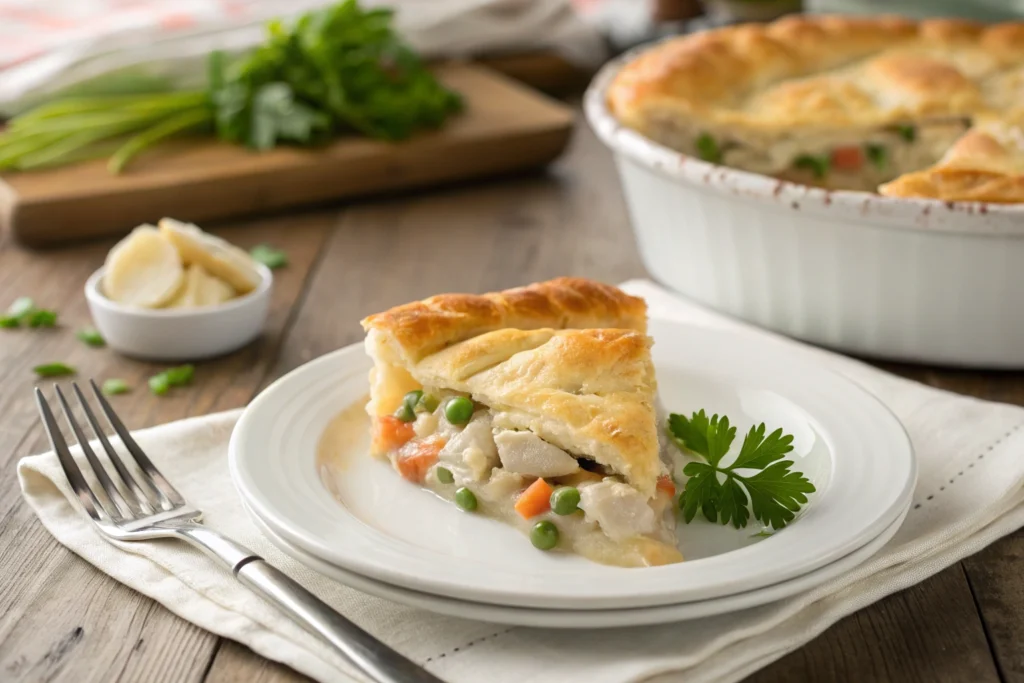 A slice of chicken pot pie with crescent rolls on a white plate, showing creamy filling and flaky crust.