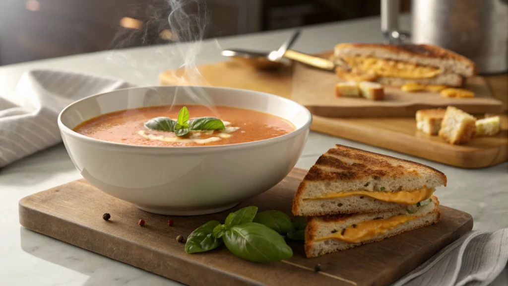 Smoky chicken bisque served with grilled cheese sandwich