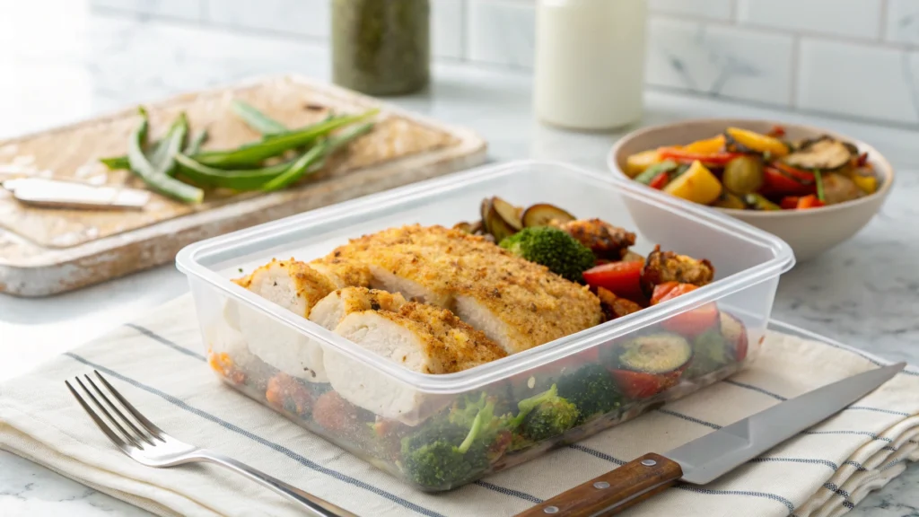 Parmesan-crusted chicken stored in an airtight container with roasted vegetables, ready for reheating or serving.