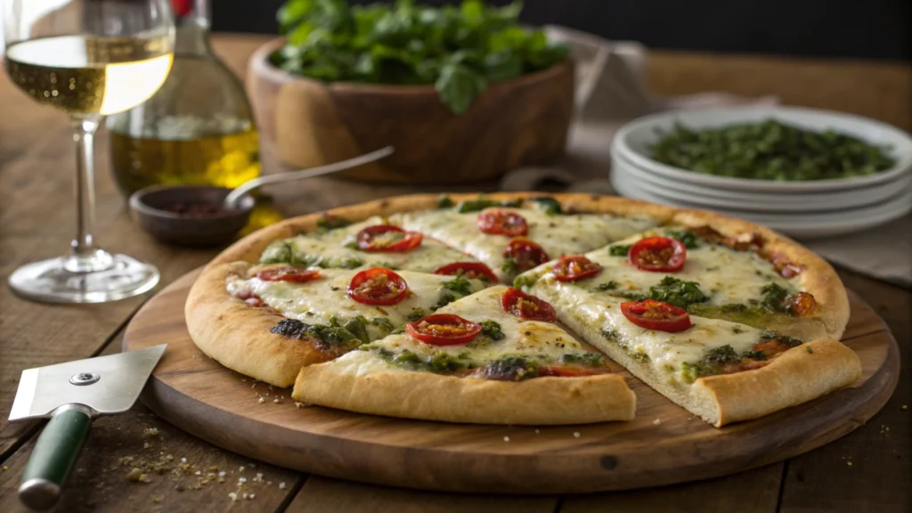 Freshly baked sweet tomatoes chimichurri pizza sliced and ready to serve.