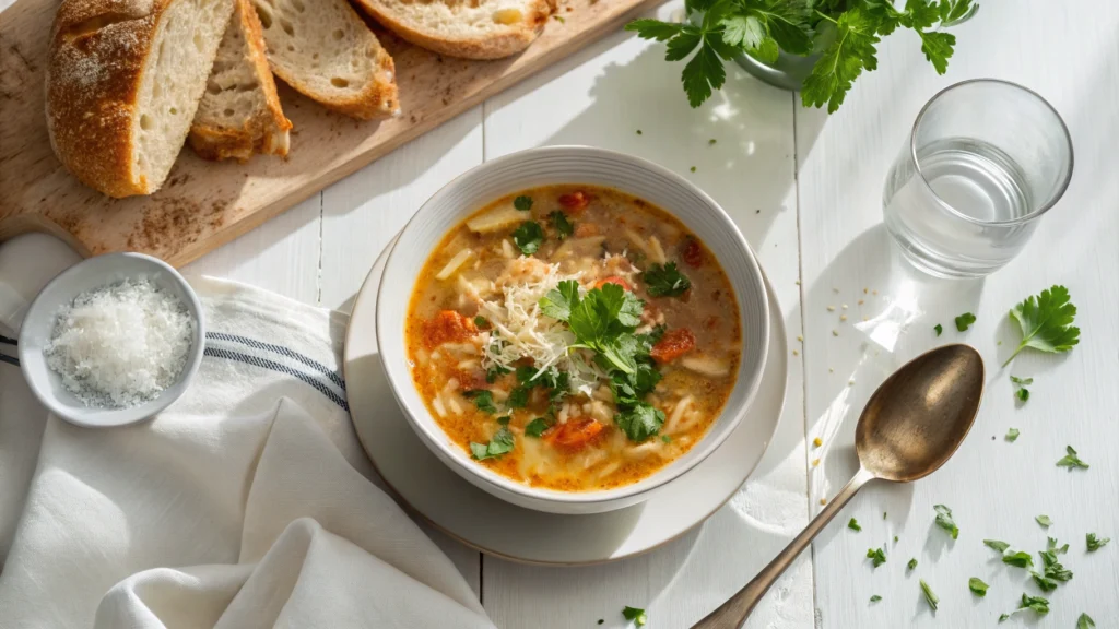 A bowl of Carrabba’s chicken soup garnished with fresh parsley and grated Parmesan, served with bread.