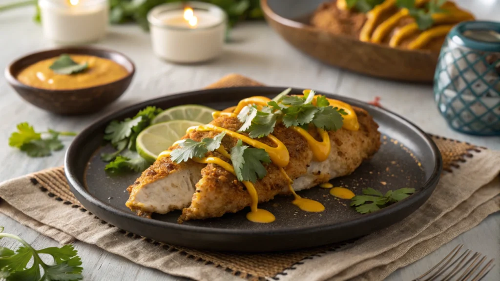 Plated churu chicken amarillo with sauce drizzle and cilantro garnish on a ceramic plate.