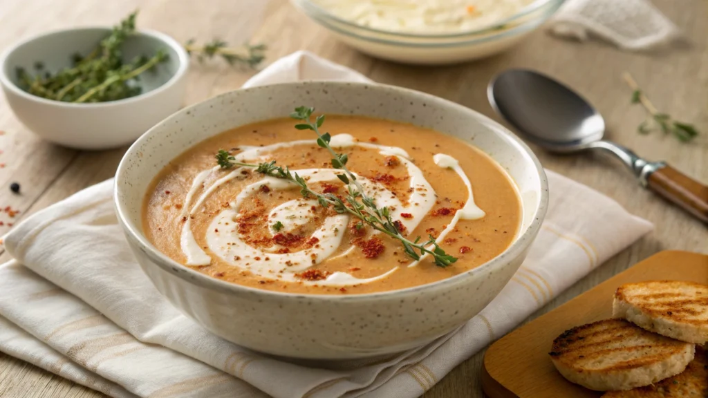 Close-up of smoky chicken bisque drizzled with cream and garnished with herbs