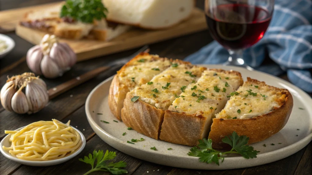 Garlic cheese bread slices served on a plate with parsley garnish and pasta in the background.