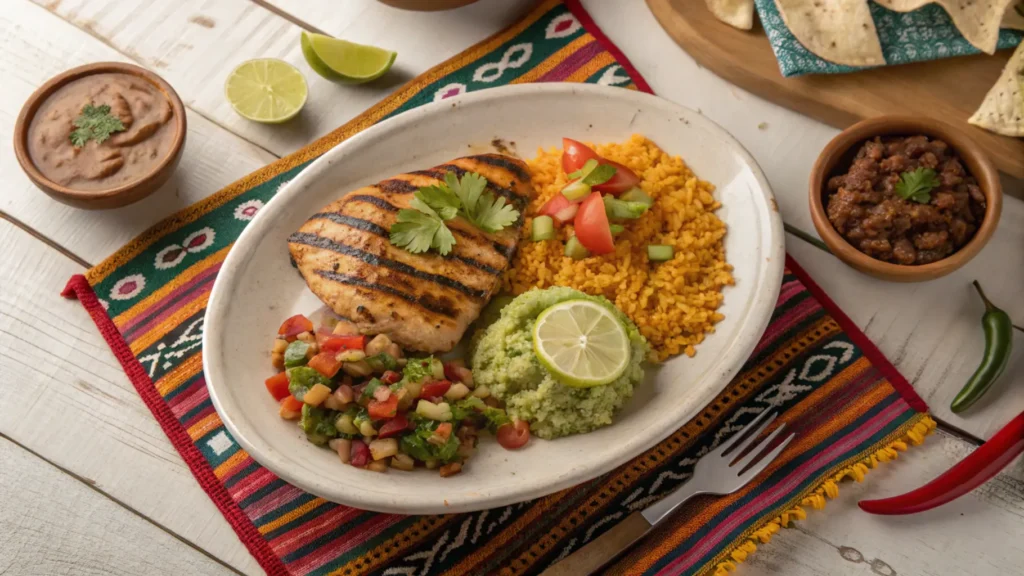 A plate of grilled Mexican chicken served with rice, beans, guacamole, and pico de gallo.