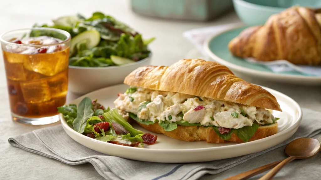 Panera bread chicken salad sandwich on a croissant served with a side salad and iced tea.