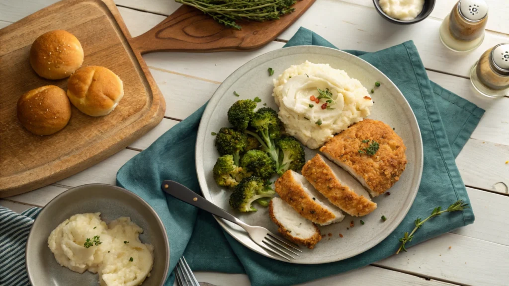 Parmesan Crusted Chicken Dinner Plate with Vegetables and Rolls