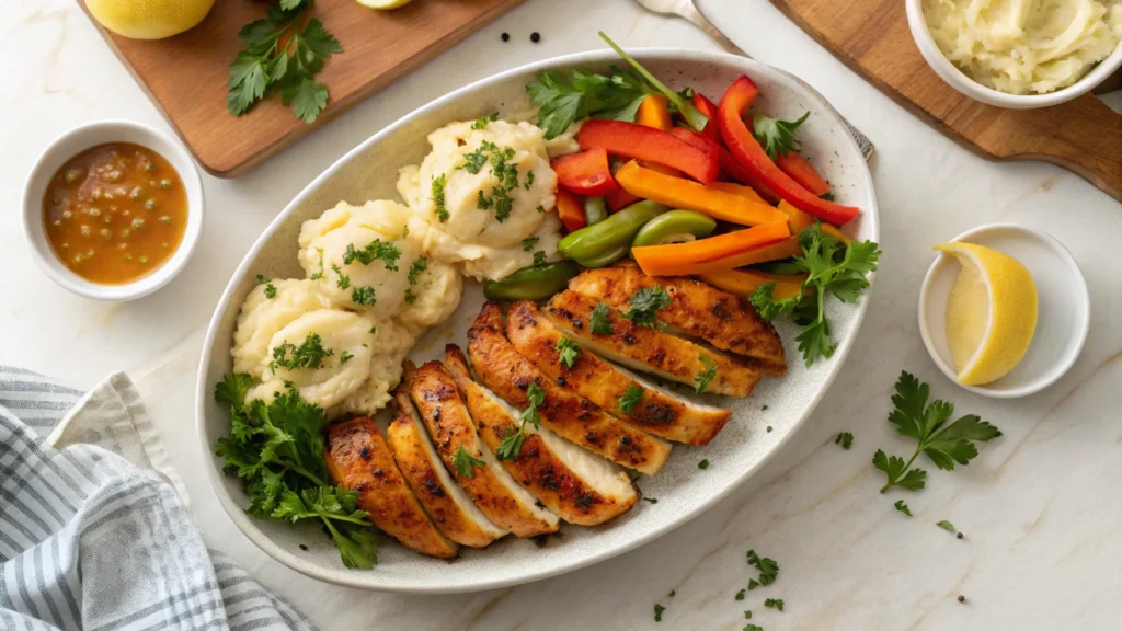 Apple and honey-glazed chicken tenders on a platter with roasted vegetables and mashed potatoes.