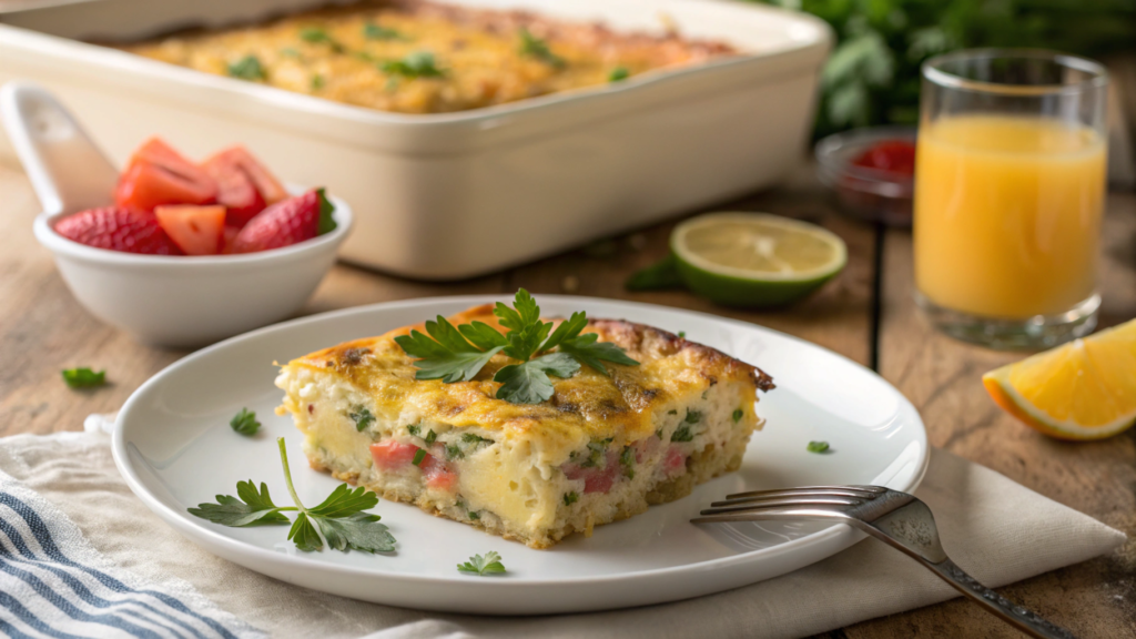 A slice of baked egg casserole with crackers, garnished with parsley and served with a side of fruit.