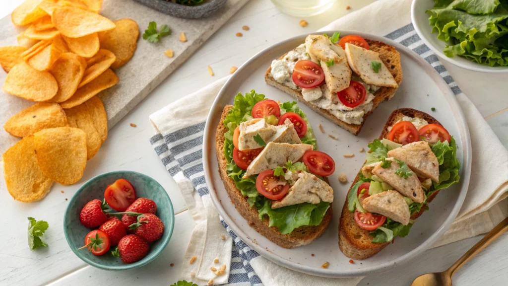 Open-faced Panera chicken salad sandwiches with lettuce and tomatoes, served with chips and fresh fruit on a wooden table.