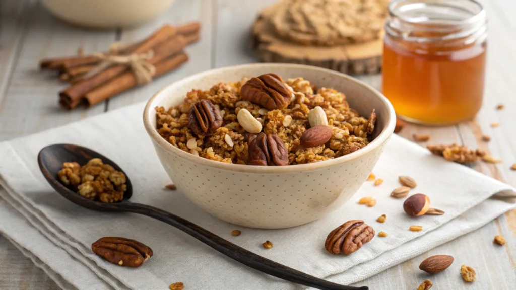 Overhead shot of a bowl of vanilla nut granola with almonds and pecans on a wooden kitchen table