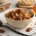 Overhead shot of a bowl of vanilla nut granola with almonds and pecans on a wooden kitchen table