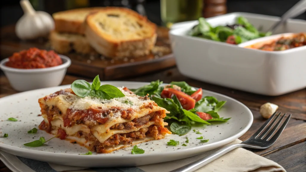 A slice of San Giorgio lasagna served on a white plate, garnished with basil and Parmesan cheese, with a fork resting nearby.