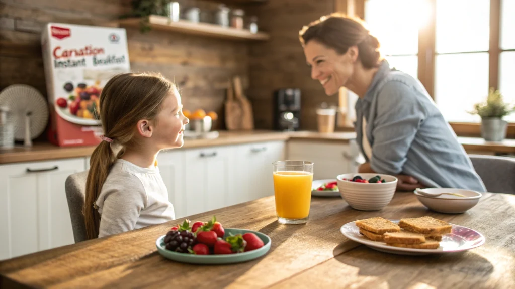 A parent and child enjoying breakfast together with a glass of Carnation Instant Breakfast and fresh fruit on the table in a cozy kitchen