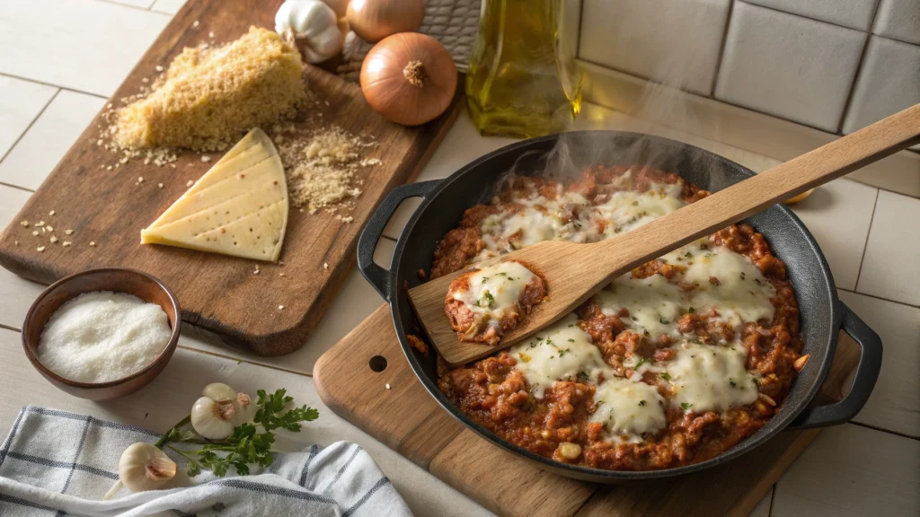 Ground chicken simmering in sloppy joe sauce with melted cheese in a skillet.