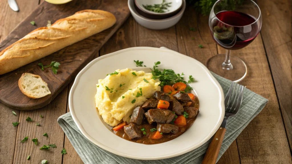  A plated dish of Rognon à la Moutarde paired with mashed potatoes, roasted vegetables, and a glass of red wine, presented on a rustic table.