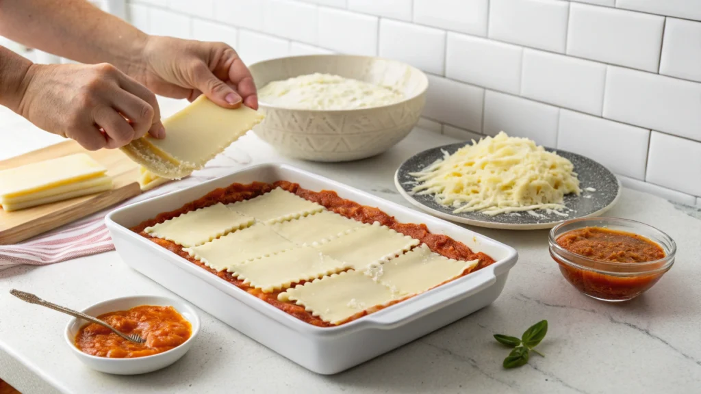 Close-up of a hand layering ricotta cheese onto lasagna noodles in a baking dish for the San Giorgio lasagna recipe