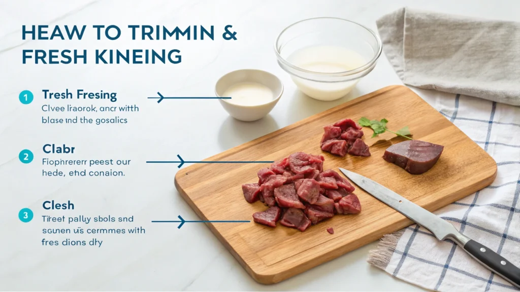 Fresh beef kidneys being cleaned and trimmed on a wooden cutting board with a bowl of milk for soaking, showcasing the preparation process.