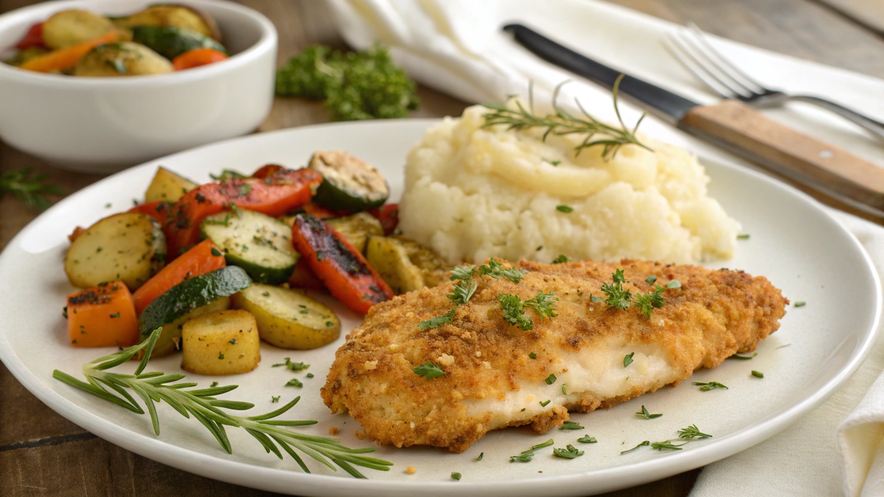 Golden parmesan crusted chicken served with mashed potatoes and vegetables on a white plate.