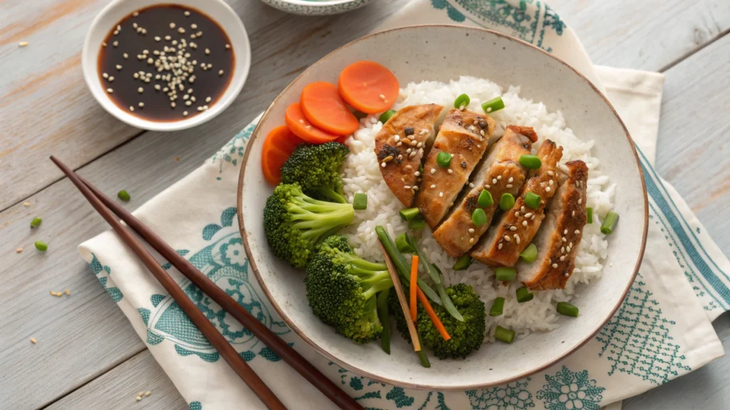 Sliced teriyaki chicken served on jasmine rice with broccoli and carrots, garnished with sesame seeds and green onions.