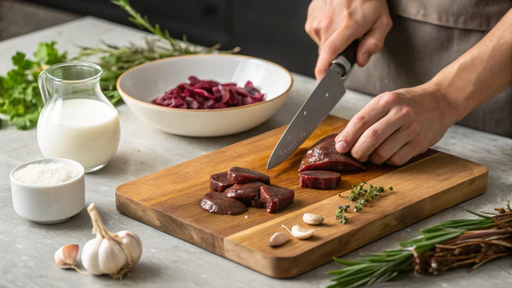 Hands cleaning and trimming fresh beef kidneys on a wooden board with garlic, herbs, and milk nearby.