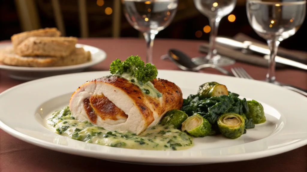 Ruth Chris stuffed chicken plated with creamed spinach and roasted Brussels sprouts on a white plate.