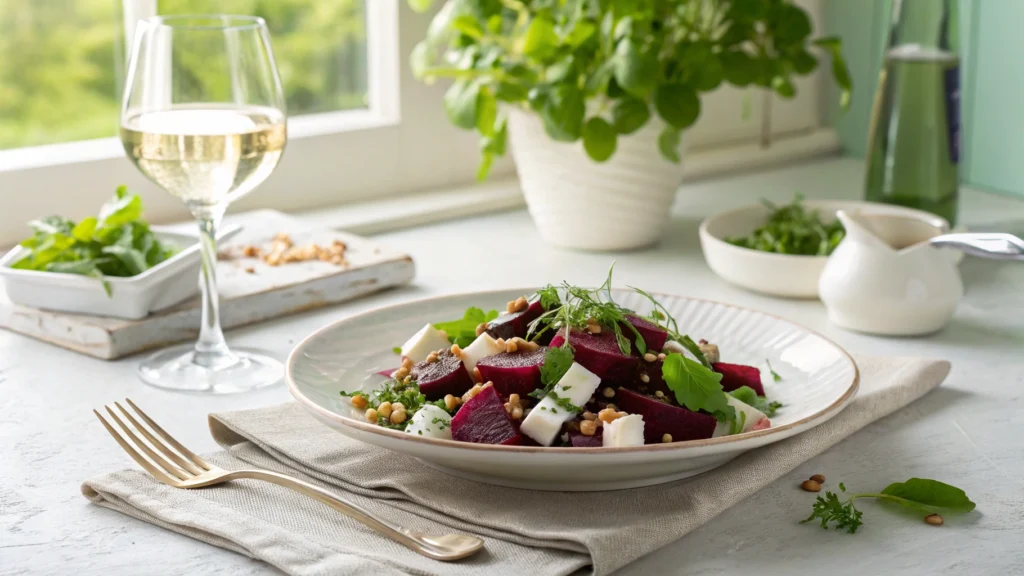 A beautifully plated Balthazar beet salad served with goat cheese, walnuts, and citrus vinaigrette in a stylish dining setting