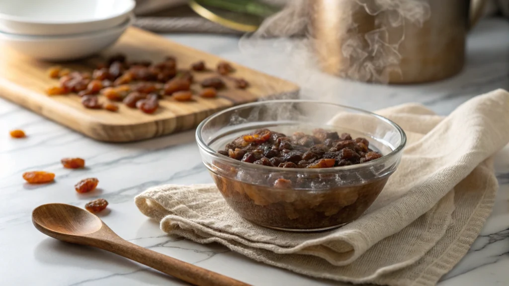 Bowl of raisins soaking in hot water, soft steam rising to rehydrate them for the GAPS raisin muffins recipe.