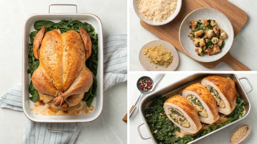 Hands stuffing a chicken breast with creamy cheese filling, surrounded by seasoning and shredded cheese.