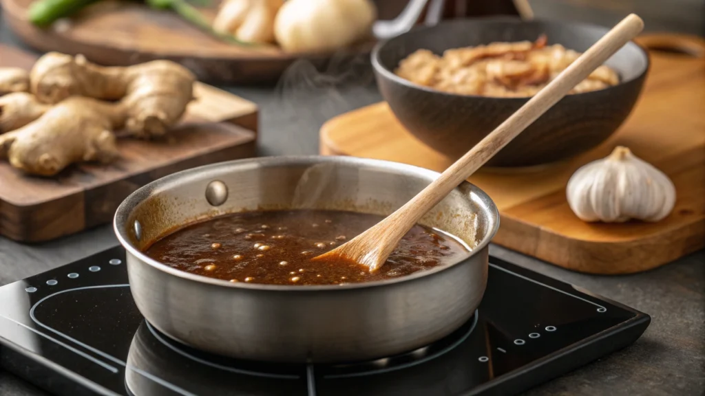 Saucepan with bubbling teriyaki sauce being stirred, surrounded by ingredients like soy sauce, ginger, and garlic.