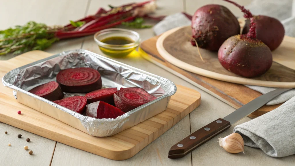 Close-up of roasted beets being prepared for the Balthazar beet salad recipe, showcasing peeled and sliced beets.