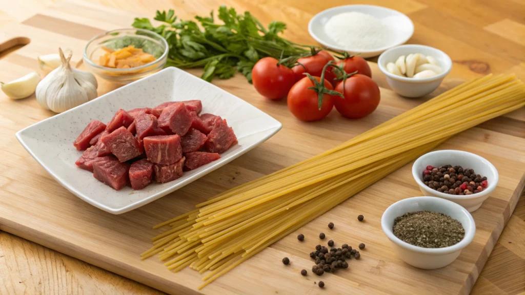 Ingredients for slow cooker beef pasta recipe with angel hair