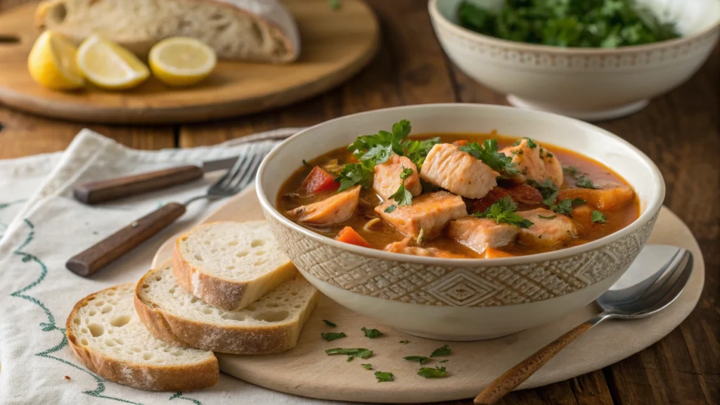 A bowl of salmon stew served with crusty bread and garnished with fresh herbs