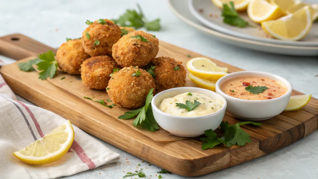 Crispy crab balls served with tartar sauce and lemon wedges