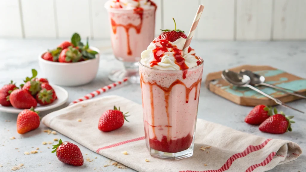 Strawberry smoothie made with fresh strawberry puree.