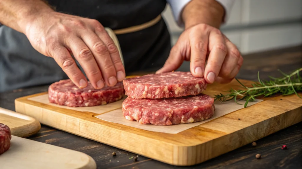  Wagyu ground beef patties being prepared.