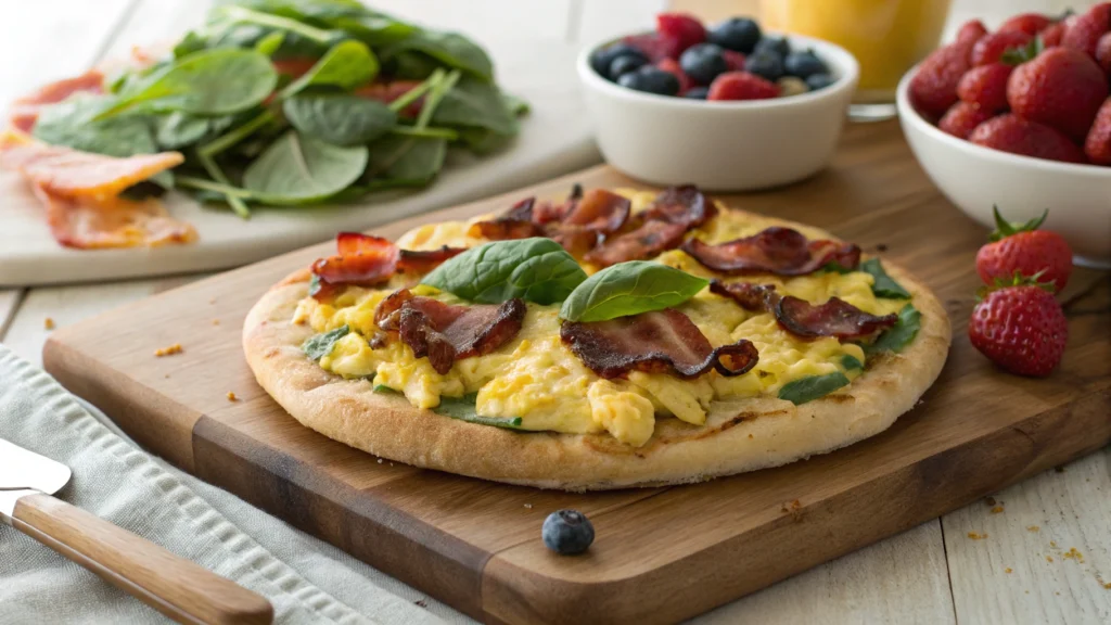 Breakfast pizza for schools with eggs, bacon, and spinach