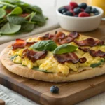 Breakfast pizza for schools with eggs, bacon, and spinach