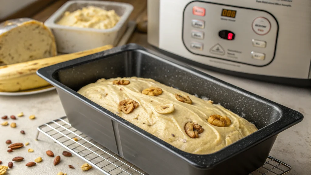 Banana bread batter inside a bread machine pan.