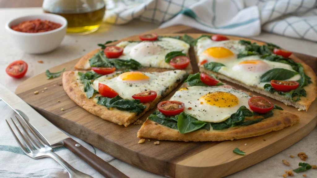 Gluten-free breakfast pizza with eggs, spinach, and tomatoes for schools