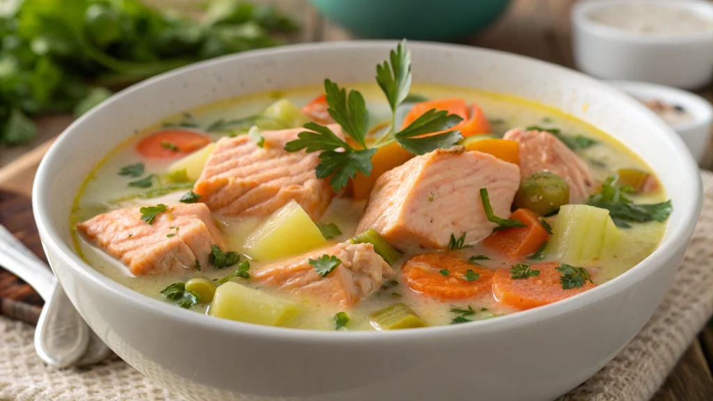 Salmon stew recipe in a creamy broth with fresh vegetables.