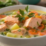 Salmon stew recipe in a creamy broth with fresh vegetables.