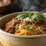 Slow cooker beef pasta recipe with angel hair served in a rustic bowl.